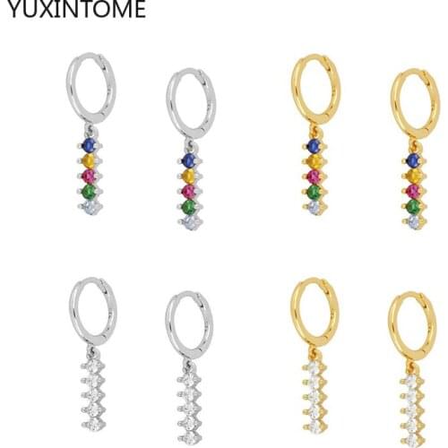 925 Sterling Silver Ear Buckle Colorful Crystal Pendant Earrings For Women Geometry Rainbow Cubic Zircon Hoop Earrings Jewelry