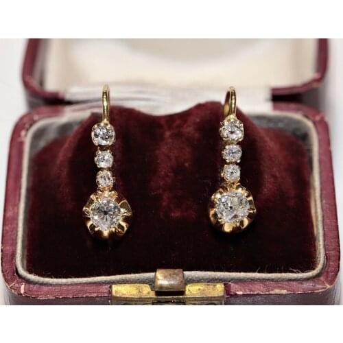 OLD ORIGINAL 14K GOLD NATURAL OLD CUT DIAMOND DECORATED VINTAGE PRETTY EARRING