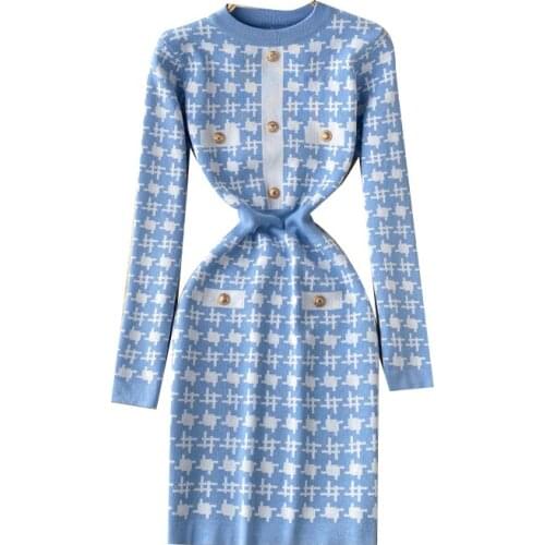 WIGADFHK Knit Dress Ladies Autumn Long-sleevedRetro Houndstooth Jacquard Color Mini Winter Base Sweater Dress