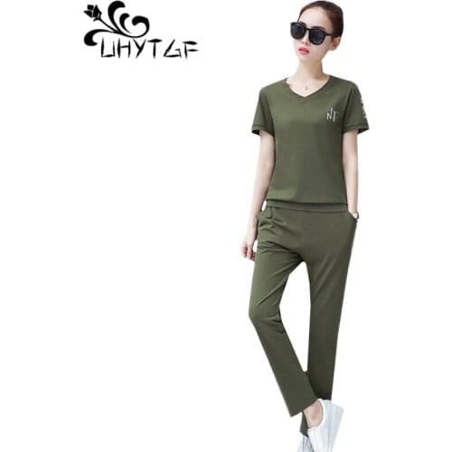 UHYTGF Loose M-4XL plus size sets womens Thin summer sportswear 2 piece set women Casual V Neck tops trousers Female suits 1368