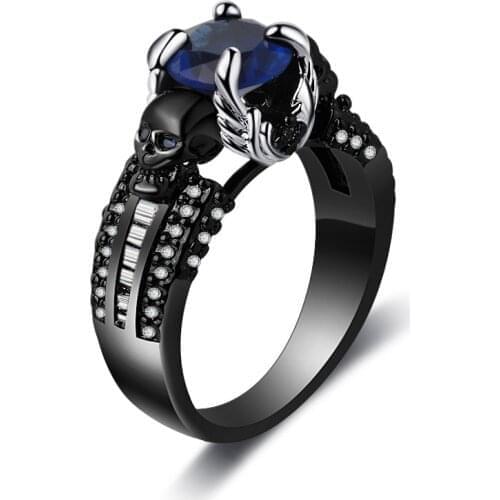 Vintage Female Blue Crystal Skeleton Ring Dainty 14KT Black Gold Wedding Rings For Women Punk Round Zircon Engagement Ring