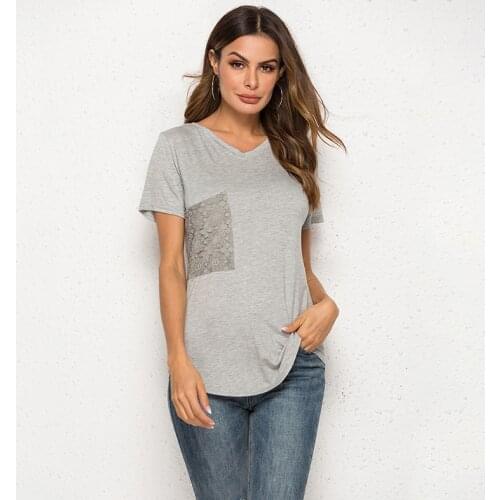 High Quality Women Cotton Elastic Basic T-shirts Soild Lace Pocket V-Neck Female Casual Tops Short Sleeve T-shirt