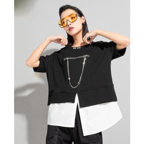 Ladies summer new black and white splice fake two design personality chain decoration small small size short sleeve T shirt
