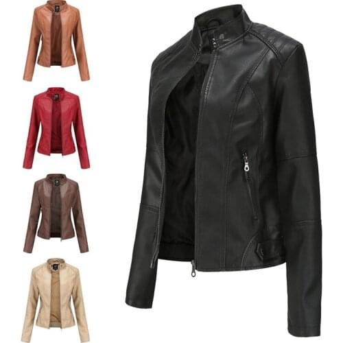 Womens Classic Zip Up Faux Leather Jacket Ladies Fitted PU Jacket Coat