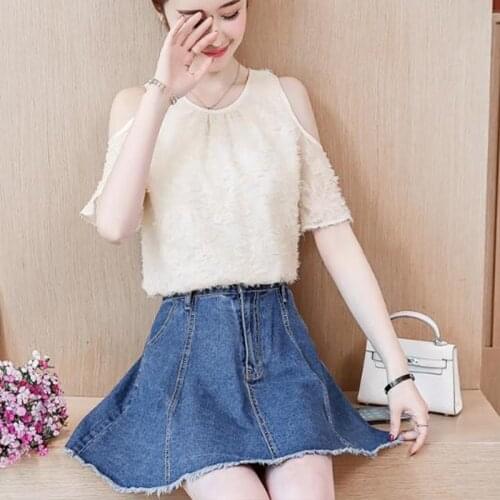 Womens Spring Summer Style Chiffon Shirt Womens O-neck Off Shoulder Solid Color Short Sleeve Korean Elegant Tops SP8712