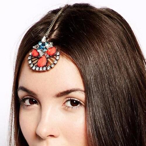 Bohemian Vintage Crystal Forehead Head Pieces Orange Rhinestone Headchain Hairpin For Women Indian Hair Accessories Jewelry