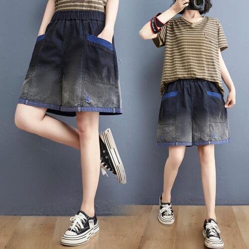 2021 Retro Vintage Color Matching Denim Shorts Women Summer Fashion All-Match Loose Large Size Wide Leg Short Jeans zh1680