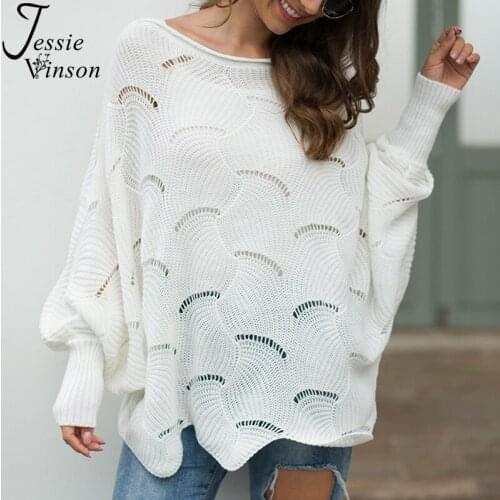 Jessie Vinson Batwing Long Sleeve Hollow out Pullover Sweater Women Casual Loose Asymmetrical Knitted Sweater Blouse Autumn Top