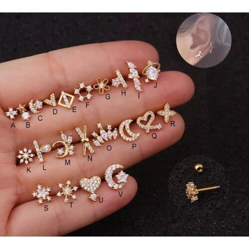 1Pc Snowflake Moon Star Piercing Crystal Stainless Steel Ear Studs Helix Piercing Gold Cartilage Earring Tragus Conch Jewelry