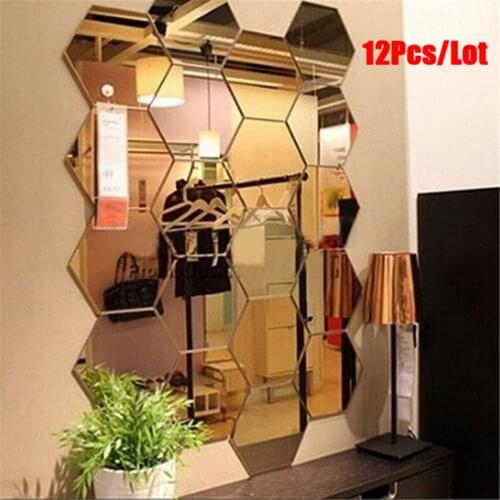 12Pcs Hexagonal Frame Stereoscopic Mirror Wall Sticker Decoration