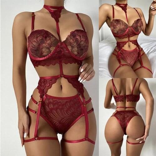 3PC 2021 New Fashion Ladies Strap Lace Crochet Cutout Teddy Lingerie Embroidery Gauze Underwear Lingerie Set With Garter