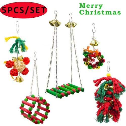 5Pcs/Set Bird Parrot Toys Christmas Cage Decor Hanging Swing Foraging Cotton Strings Ball Toys Xmas Gift for your Pet Bird