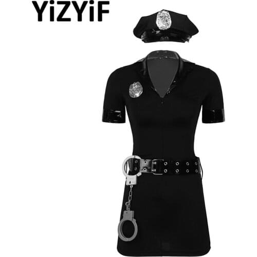 5Pcs Womens Cop Uniform Police Officer Costume Policewoman Cosplay Outfit Bodycon Mini Dress With Hat Badge Belt And Cuffs Set