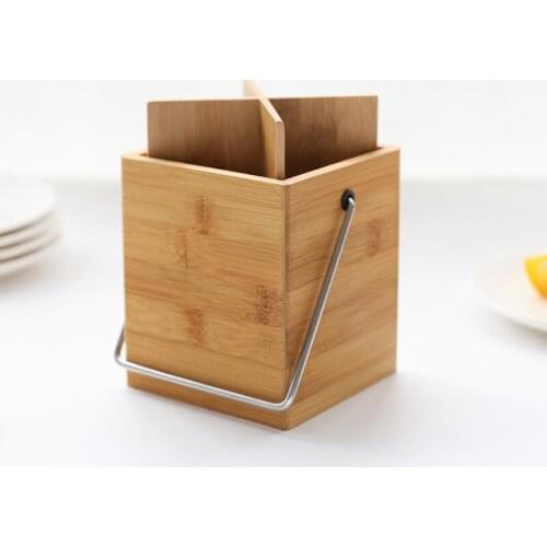 Bamboo Kitchen Cutlery Storage Tube with Metal Handle Gadgets Tools Organizer Box Accessories Utensils Container Holder Jar