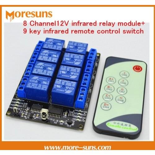 Free Ship 5PCS 8 Channel12V infrared relay module+9 key infrared remote control switch/8-way self-locking remote control switch