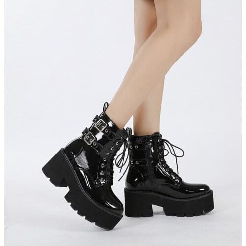 Autumn Women Boots Platform Cross-tied Gothic Black Patent Leather Woman Ankle Boots Chunky Side Zipper Women Shoes Punk Style