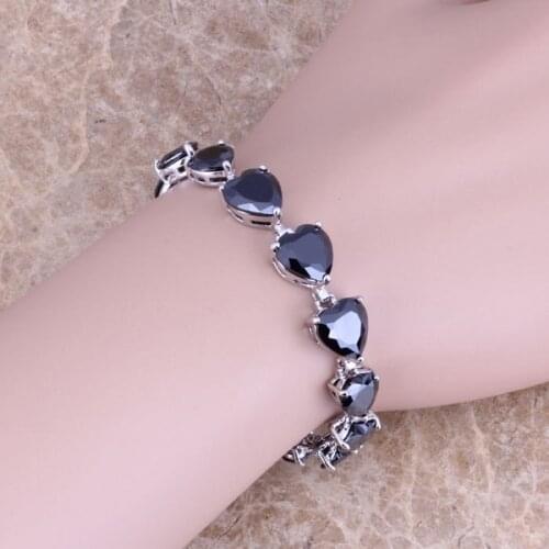 Heart Shaped Black Cubic Zirconia Silver Plated Link Chain Bracelet 7 inch S0279
