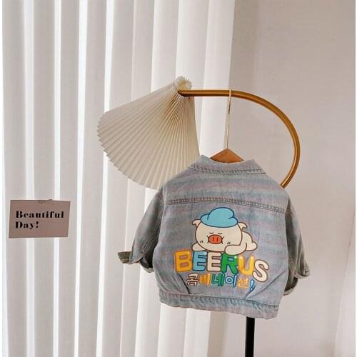 Autumn Spring Children Kids Cartoon Pig Letter Print Pocket Denim Jeans Casual Jackets Girls Lapel Collar Outerwear Coats Casaco