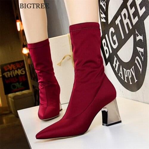 Stretch Lycral Square Heel Concise Womens Boots New Arrival Pointed Toe High Heels 7cm Boots Women Fashion Short Boots 4 Colors