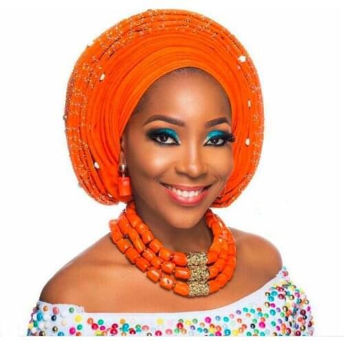 African Women Coral Bridal Jewelry Set Nigerian Wedding Coral Statement Party Jewellery Set Orange Beads Necklace Set CNR081