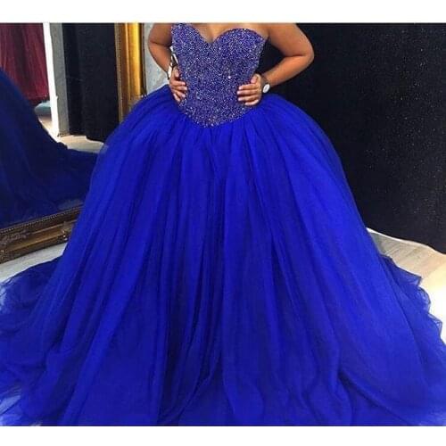 Royal Blue Puffy Tulle Ball Gown Wedding Dresses Bridal Gowns Sweetheart Crystal Beaded Plus Size Quinceanera Dresses Custom