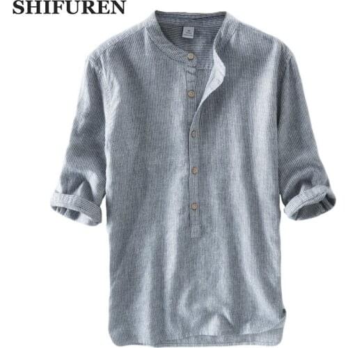 SHIFUREN 2018 Summer New Casual Shirts Men Three Quarter Sleeve Mandarin Collar Breathable Male Cotton Linen Shirts Size M-XXXL