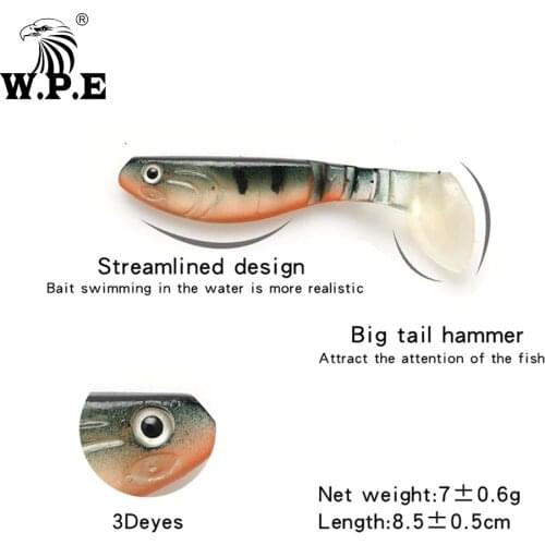 W.P.E Brand Soft Lure 85mm 6pcs/pack 3D eyes Big T-Tail Artificial Soft Lure Silicone Soft Body Swim Bait Fishing Tackle Wobbler
