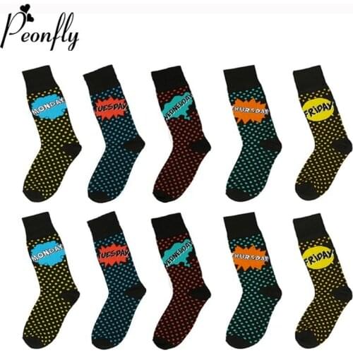 Peonfly New Winter Fashion Cute Wave Point Cotton Men Sock Funny Week Date Monday-friday Novelty Letter Breathable Hip-hop Socks