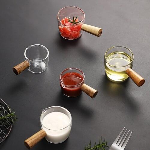 2021 New Thickened Wood Handle Espresso Measuring Glass Measuring Cup Mini Milk Glass Cup With Handle For Drinking Tablewear