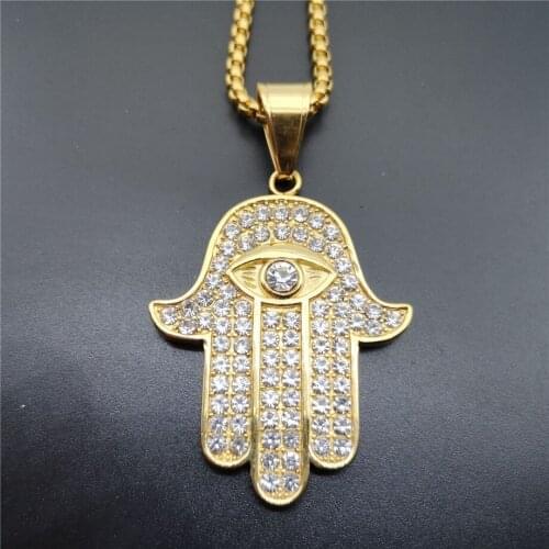 Hip Hop Iced Out Full Rhinestones Hamsa Hand of Fatima Pendant Necklace For Women/Men Bling Jewelry Collier Femme 2018