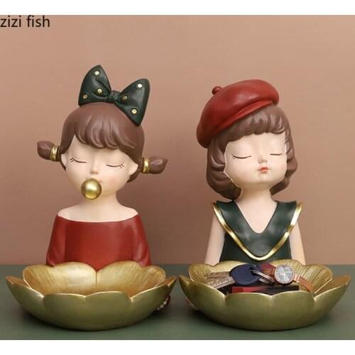 Bowknot Girl Storage Ornaments Crafts Ornaments Resin Character Statue Desk Decor Lovely Girly Statuette Living Room Decoration