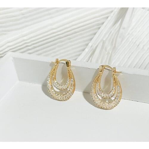 Minar Luxury Sparkly Pave Cubic Zirconia Double Row Huggie Earring for Women Minimalist Full CZ Diamond Brass Oval Hoop Earrings