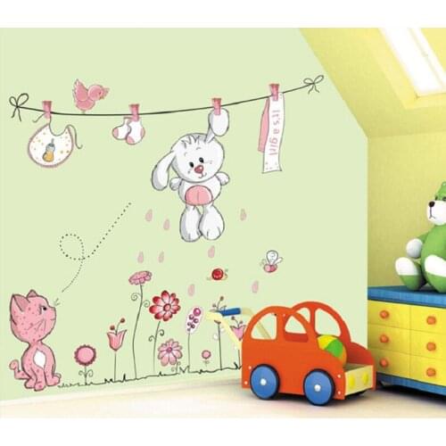 Pink cartoon cat rabbit flower wall sticker for kids rooms baby girls home decoration decal mural teddy bear umbrella
