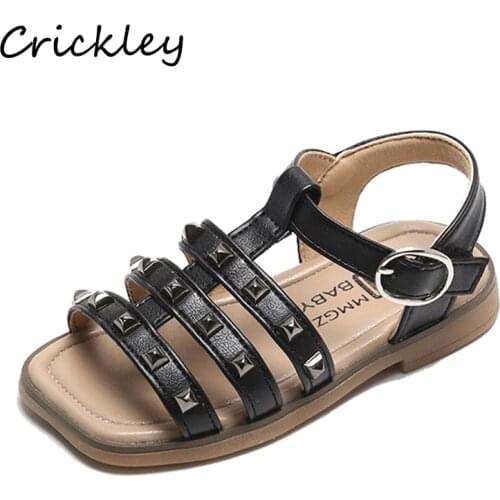 Girls' Sandals 2021 New Summer Fashion Pu Leather Rivets Princess Beach Shoes For Girls Soft Non Slip Roman Children Shoes