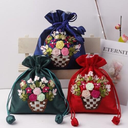 14x17cm Embroidery Silk Gift Bag Printing Flower Gift Pouch Jewelry Drawstring Pouch Wedding Candy Wrappling Reusable Sachet