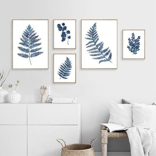 Modern Home Decor Poster Ink Blue Plant Watercolor Canvas Painting Leaf & Plant Wall Picture for Living Room Bedroom Wall Art