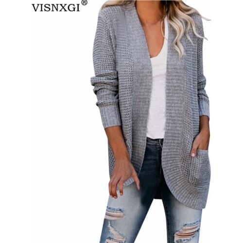 VISNXGI Autumn Winter Womens Cardigan Sweater Knitted Oversized Jacket Girls Tops Cashmere Pocket V-Neck Black Green Clothes