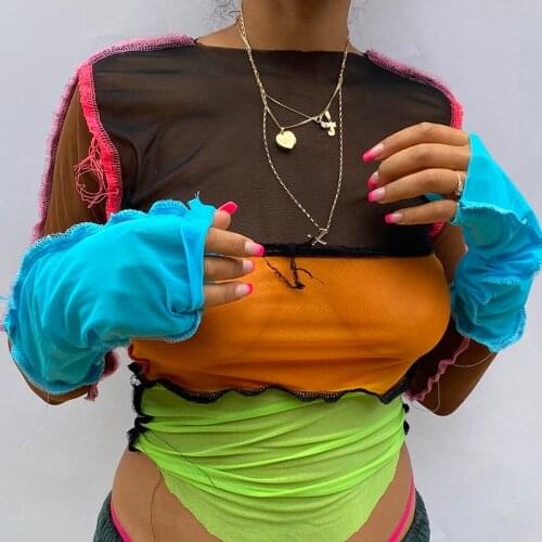 Women striped patchwork ribbons femme t-shirts 2020 Autumn o-neck long sleeve neon color casual streetwear fashion outfit