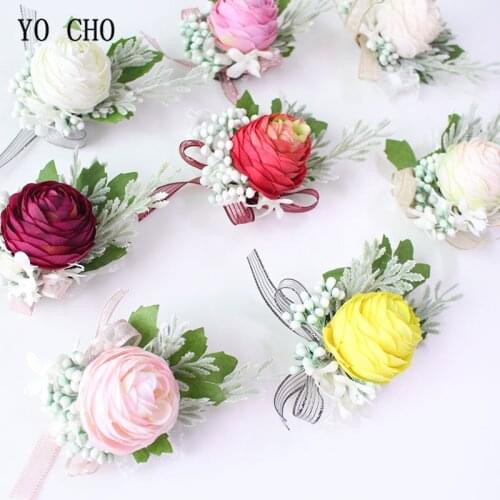YO CHO Prom Rose Brooch Pins Wedding Corsages Bracelet Bridesmaids White Wrist Flowers Yellow Groom Boutonniere Ceremony Flowers
