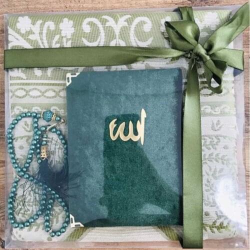 Prayer Rug Set 3 Piece Green Muslim Set Arabic Islamic Mevlüt Umrah Gift Sijadat Prayer Rug Yasin i Şerif | 99 Beads Rosary