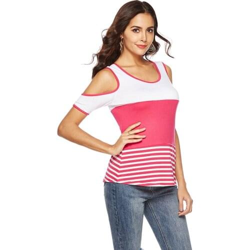 Casual Short Sleeve Tops Tees Women Summer 2020 Striped Tshirt Sexy Off The Shoulder T-Shirt O-neck Loose Shirts