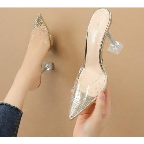 Women sandals PU Slip On 5CM 7CM 9CM Thin Heels High heels Pointed Toe Shallow women shoes sandalias mujer 2020 size 35-42