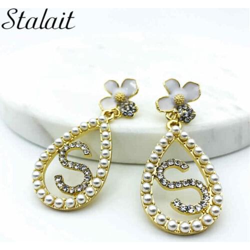 Romantic Letter S Water Drop Earrings Enamel Flower Fresh Pearl Crystal Gold Color Earring For Women Wedding Jewelry 2019