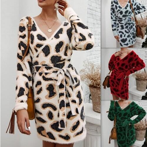 Sexy Winter Sweater Party Dresses Women Leopard Cotton Knitted Dress Female Solid Long Sleeve Autumn V Neck Elegant Dress New