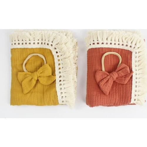 2PCS Newborn Baby Swaddles Toddler Girls Boys Wrap Stroller Cover Blankets Bath Gauze Wrap Tassel Sleeping Bag+ Bow Headband Set