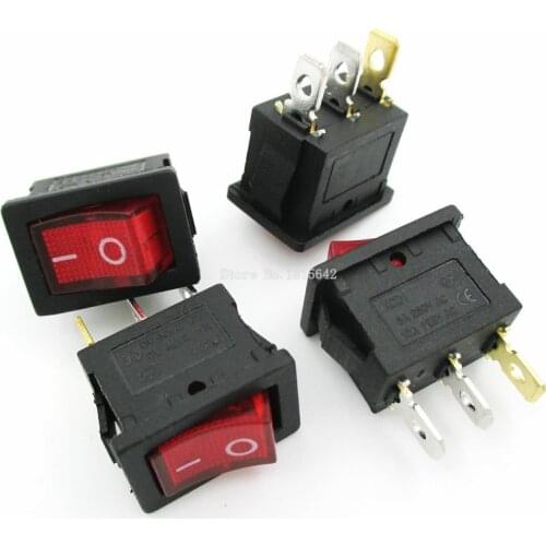 5PCS/LOT 3 Pin AC 6A/250V 10A/125V Red Light ON-OFF SPST Snap in Boat Rocker Switch 15*21mm KCD1-101
