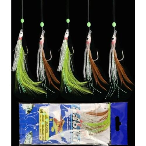 5pcs string hook chicken feather octopus fishing hook noctilucent beads fish hooks 1/0 swim bait lot lure hook weed accessories
