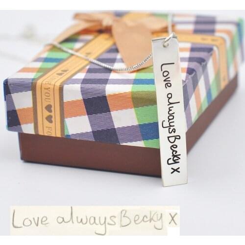 925 Silver Vertical Bar Engraved Your Hand Writing Box Chain Memory Signature Pendent Christmas Gift