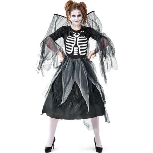 Angel Skeleton Bone for Adult Kids Halloween Costume Wings Dead Zombie Scary Matching Outfit Women Girls Gothic Dress Horror