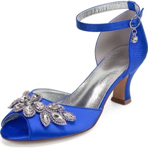Elegant lady satin evening dress shoes open toe D'orsay ankle strap with crystal applique bridal wedding prom party hoof heels